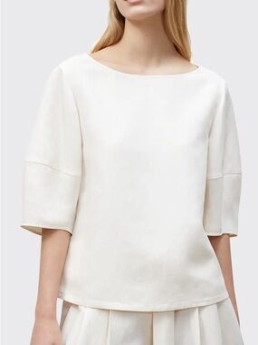 Lafayette 148 NY Silk-Linen Cream Blouse Minimalist Neutral Coastal Office Eco